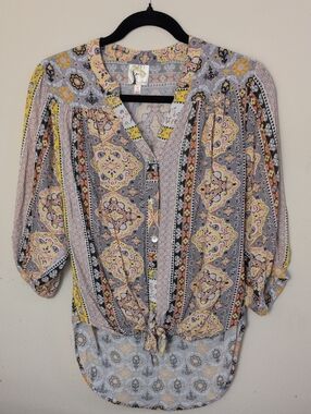 Boho Tie-Front Printed Blouse - Yellow & Gray